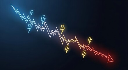 Naklejka premium A downward trending line graph illustration with lightning bolts in blue, white, yellow, and red on a dark background.