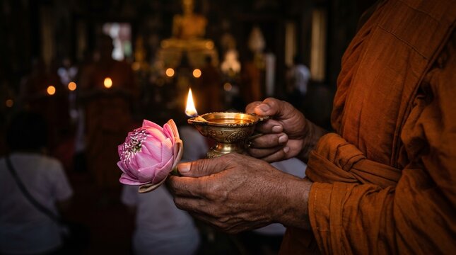 Buddhist Monk Hands in Saffron Robes Holding Glowing Brass Oil Lamp and Pink Lotus Flower for Asalha Puja Celebration, Spiritual Enlightenment