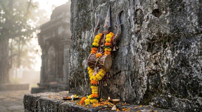Sacred Metallic Trishul Trident with Marigold Garland and Damru Leaning Against an Ancient Textured Gray Stone Wall for Shravan Hindu Festival