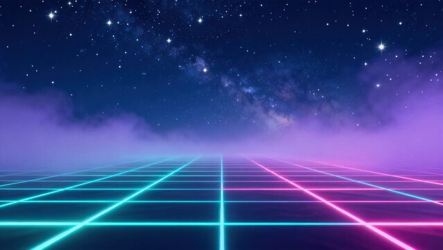 Neon grid under starry sky