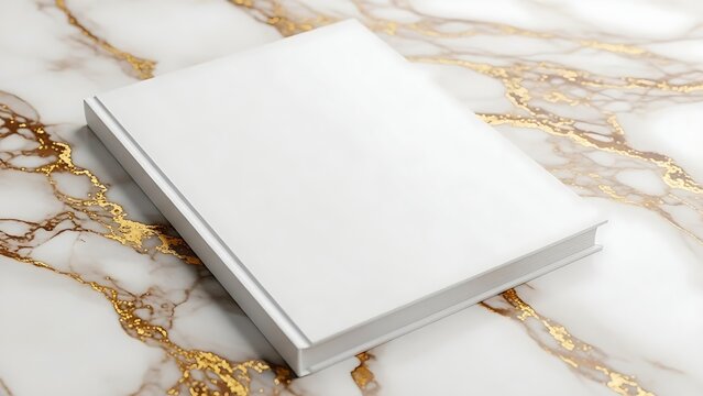 A clean white hardcover book mockup rests elegantly on a luxurious polished marble surface texture