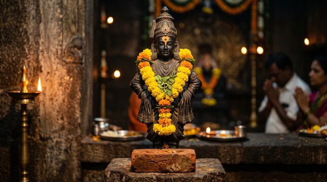 Close-up of Lord Vitthal Intricate Black Basalt Stone Idol Decorated with Yellow Flower Garland on Brick for Ashadhi Ekadashi Festival
