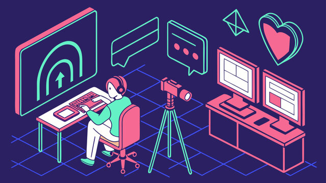 Streamer working on a computer with camera and monitors in a modern workspace content creator home office line art social media online content chat bubbles video call remote work online meeti