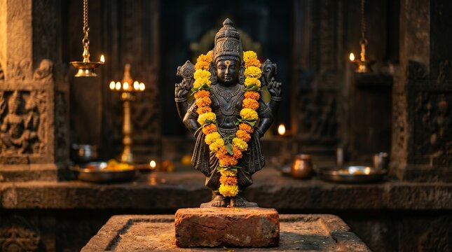 Close-up of Lord Vitthal Intricate Black Basalt Stone Idol Decorated with Yellow Flower Garland on Brick for Ashadhi Ekadashi Festival