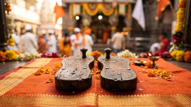 Macro shot of traditional wooden Paduka sandals on a vibrant saffron silk cloth for Ashadhi Ekadashi festival celebration and Vitthal devotion.