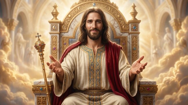 Jesus sitting on a grand golden throne in heaven with open arms. Divine religious scene depicting the Christ king. Spiritual concept of faith, salvation and divine love for Easter.