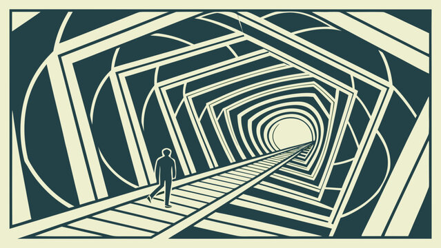 Man walking on railroad tracks inside a geometric tunnel with optical illusion line art abstract art graphic design railroad geometric perspective silhouette abstract architecture progress