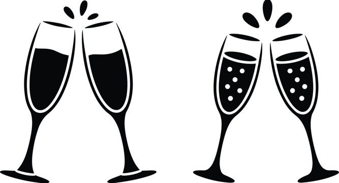 Two pairs of black silhouette champagne glasses clinking with bubbles and splashes icon collection