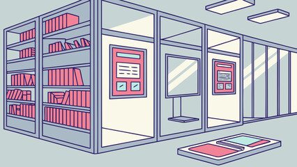 Modern library interior with bookshelves and glass partitions glass walls public space bookshelves education knowledge information learning interior architecture partitions building © Pop