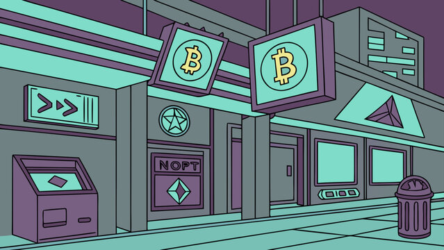 Bitcoin atm and futuristic station with digital displays cryptocurrency currency technology blockchain terminal financial transaction withdrawal electronic investment internet commerce