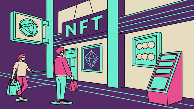 People shopping at an nft store with digital art displays non fungible token collectible marketplace cryptocurrency blockchain ethereum shopping customer consumer browsing commerce