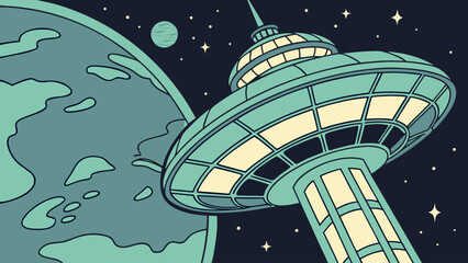 Futuristic space station with planet and stars sci fi outer space science fiction futuristic architecture futuristic city futuristic technology space travel space exploration futuristic © Pop