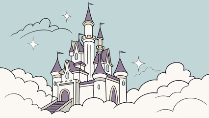 Enchanting castle floating in clouds with sparkling stars fairytale illustration architecture whimsical imagination charming childhood enchanting beautiful peaceful tranquil wonderland © Pop