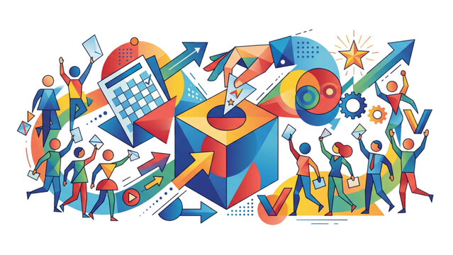 creative abstract democracy and voting concept illustration with geometric shapes and people figures on transparent background
