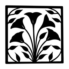 Elegant Black Floral Silhouette Vector Art, Decorative Square Motif with Lily Flowers and Leaves, Classic Art Nouveau Design Element for Invitations and Stationery © SUMON