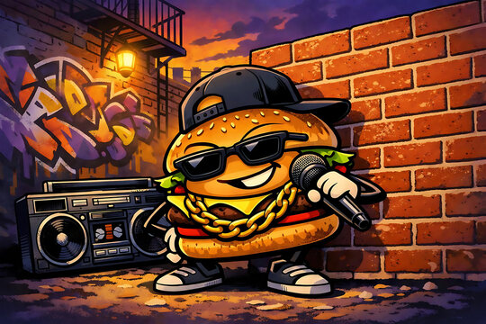 Cool cartoon hamburger character wearing sunglasses and a backward baseball cap, holding a microphone next to a boombox against a vibrant graffiti-covered brick wall at sunset.