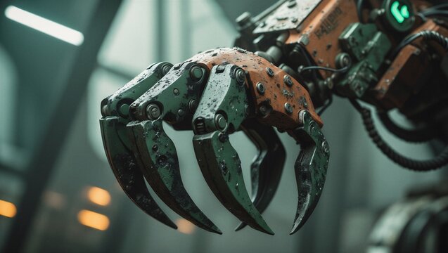 Close up of a mechanical harvesting claw with dirt and plant matter, Weathered robotic gripper for automated agriculture in emerald green