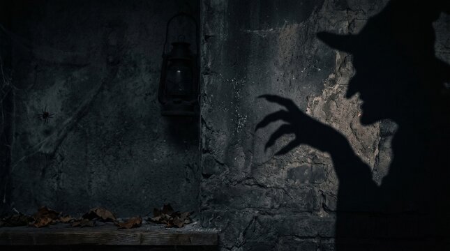Silhouette of scary witch with long claws and pointed hat on stone wall background. Horror Halloween concept with creepy shadow and antique lantern for spooky night atmosphere.
