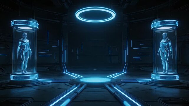 Futuristic room with humanoid robots