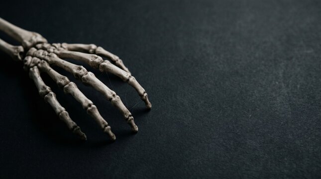 Human skeleton hand lying on a black background with thin spider webs for medical or Halloween horror concept