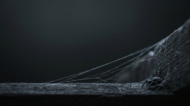 Macro shot of a dark spider on a wooden surface with spider webs in a mysterious gloomy atmosphere for Halloween background and horror projects