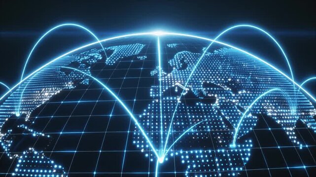 Futuristic Earth animation with glowing blue grid and orbital ring, symbolizing global connectivity, digital communication, and technological innovation