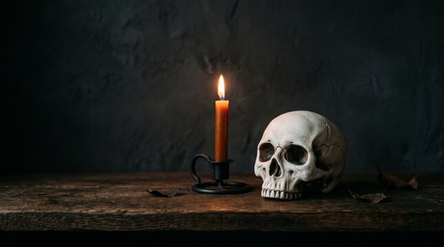 Spooky halloween still life with human skull and burning orange candle on rustic wooden table against dark textured background