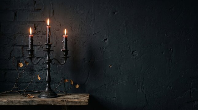 Vintage gothic candelabra with burning black candles on wooden shelf against dark brick wall. Spooky Halloween interior decoration with spider web and autumn leaves for mystery concept.