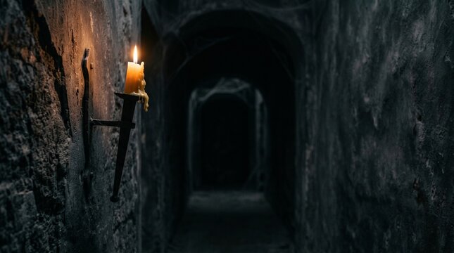 Spooky ancient stone dungeon corridor illuminated by single melting candle on wall bracket. Medieval castle catacombs for horror movie background and gothic dark fantasy concept.