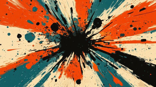 Abstract art with black, orange, teal, and white paint splatters exploding from center.