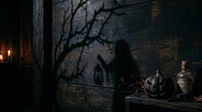 Scary Jack O Lantern pumpkin with Witches Brew bottle on wooden background. Dark silhouette of ghost with lantern and creepy tree branches shadows.