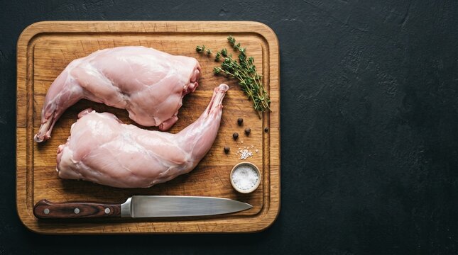Fresh raw rabbit legs on wooden board with thyme and spices over black background with copy space. Premium uncooked game meat for restaurant menu. Minimalist food styling.