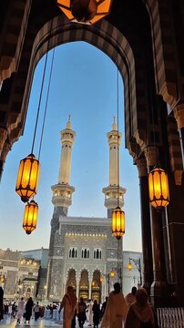 View of Masjidil Haram Mecca through an Arch with Lanterns 
