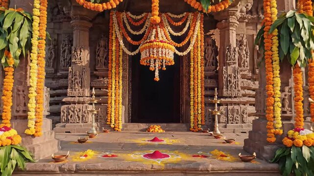 Devshayani Ekadashi celebration with traditional decorations at ancient Hindu temple entrance