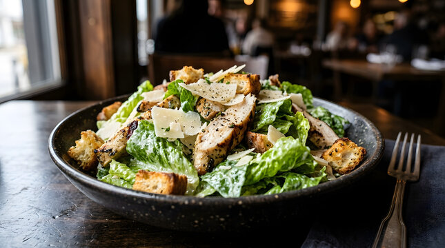 Classic caesar salad with grilled chicken breast and parmesan shavings in dark bowl on restaurant table.