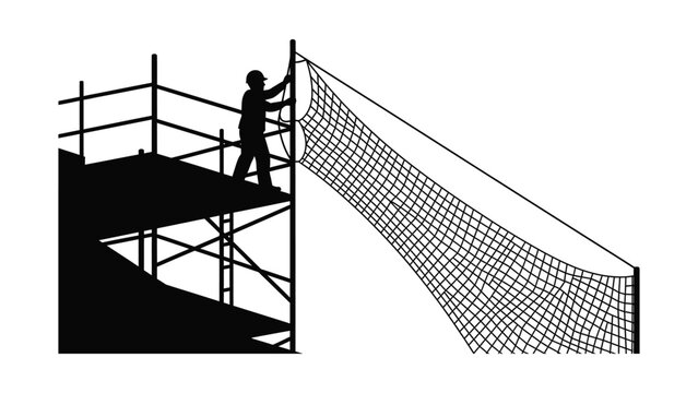 Silhouette of a construction worker installing safety netting on scaffolding.
