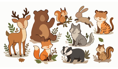 Fototapeta premium Woodland animal cartoon vector set cute forest wildlife illustration