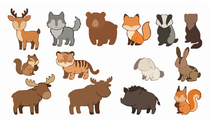 Obraz premium Cute woodland forest animals vector deer fox bear wolf cartoon set