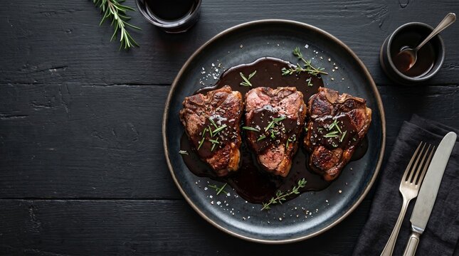 Plated lamb porterhouse steaks with rich balsamic reduction and fresh rosemary. Three pieces of roasted mutton on black ceramic plate. Top view of premium restaurant meat entree.