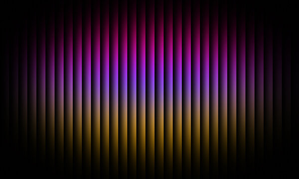 Abstract photograph showing vertical parallel lines illuminated by a vibrant gradient of purple and warm orange light in dark space
