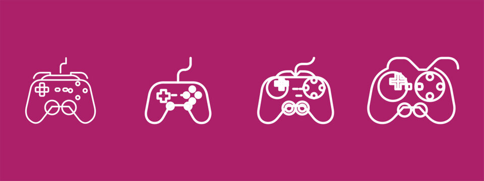 Video game controller line art icons set on magenta background. Four neon game controller icons with different button layouts