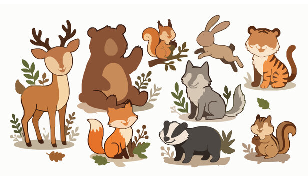 Woodland animal cartoon vector set cute forest wildlife illustration