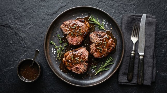 Grilled lamb chops with rich sauce and rosemary on dark plate with knife and fork. Professional culinary photography for high-end restaurant menu. Top view food shot.