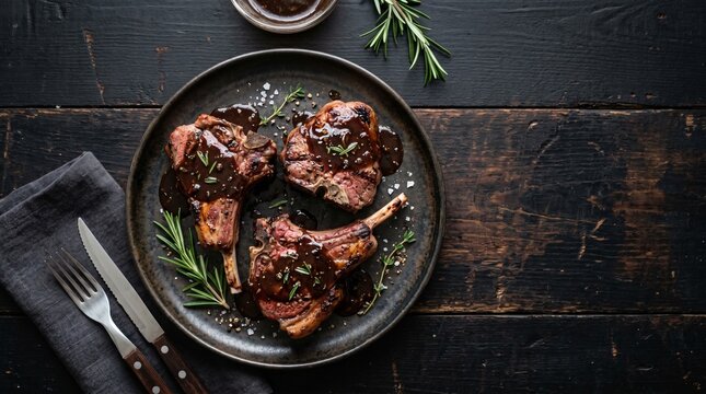 Juicy grilled lamb chops with rosemary and balsamic glaze on dark plate top view. Gourmet meat dish for restaurant menu or food marketing banner. Professional culinary photography.
