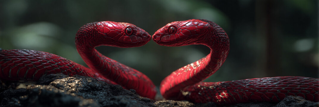 Two Red Coral Snakes Form a Heart While Facing Off in a Deadly Clash. Striking Metaphor of Toxic Love, Blending Beauty, Danger and Intense Emotional Tension in a Cinematic Natural Scene. Generative Ai