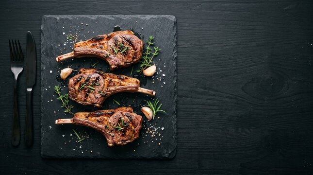 Three roasted lamb rib chops on black slate with garlic and rosemary. Grilled meat ribs with sea salt and spices on dark wooden background. Professional butchery and culinary photo.