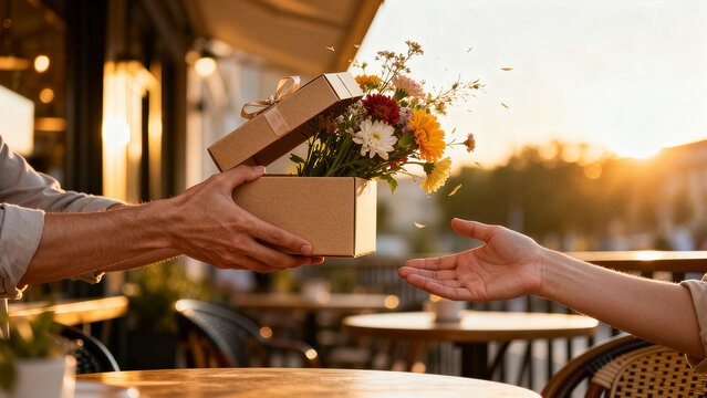 Hands presenting unbranded kraft gift box with summer flowers anonymous gift interaction dynamic composition.