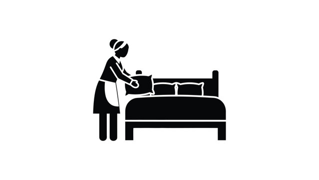 Black silhouette icon of a hotel maid making a bed.