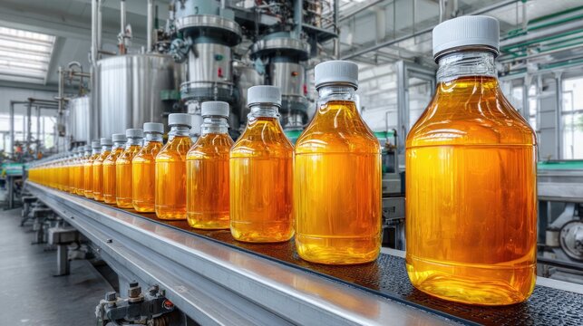 Bottles of Orange Liquid on Production Line in Modern Manufacturing Facility, Industrial Automation Process