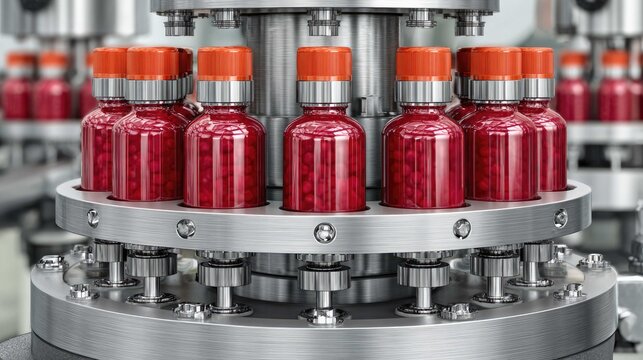 Bottles Filled with Red Liquid on a Modern Industrial Filling Machine with Orange Caps in a Factory Setting